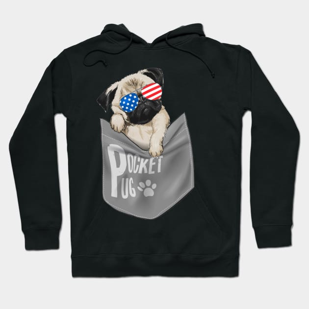 Pocket Pug American Flag 4th Of July Hoodie by Rumsa